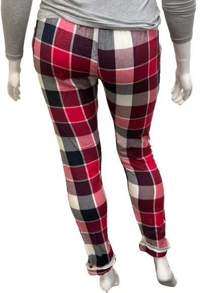 Women's Tartan Night Wear Pyjama Set Ladies Check Bottoms Grey Half Lace Top