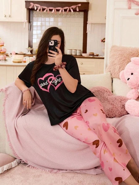 PYJAMA PLUS 18 20 22 24 26 28 BLACK PINK  HEART STRETCH LOUNGEWEAR COMFORT