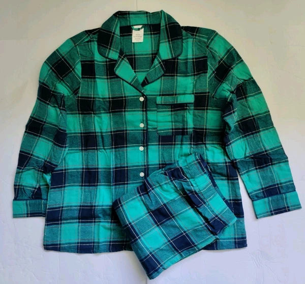 Lands End Women’s Large 2-piece Blue Green Cotton Flannel Pajama Set NWT