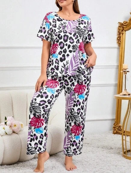 PYJAMA SET PLUS SIZE 26 MULTICOLOUR TROPICAL STRETCH LOUNGEWEAR COMFORT