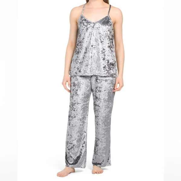 Josie Natori New Size Large Crushed Velvet Tank Pant Pajama Set Granite Gray