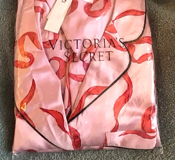 VICTORIA SECRET MED/SHORT GLAZED SATIN PAJAMA SET RED BOWS NEW