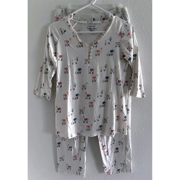 Cuddledown Pajama Set Womens Large White Pima Cotton Alpaca Print Comfort Lounge