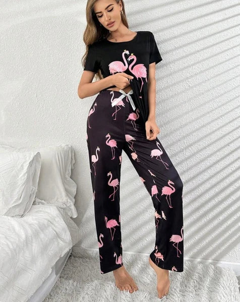 flamingo Women's Ladies Pyjamas PJs Gift Novelty Slogan Size 8 10 12/14 16 Black