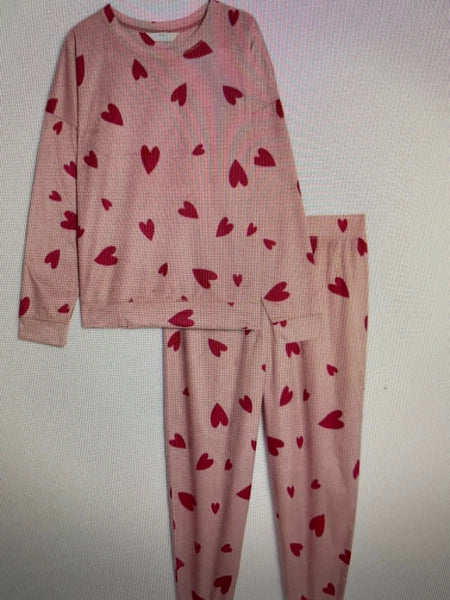 LADIES FLEECE HEART PRINT PYJAMAS SET PINK MIX COLOUR LARGE SIZE