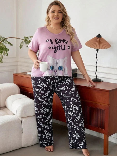 PYJAMA PLUS 20 22 24 26 28 PINK BLACK CAT LETTERS STRETCH LOUNGEWEAR COMFORT