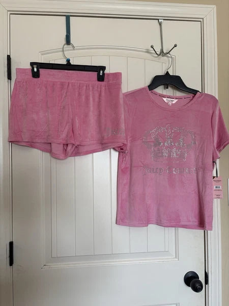 NWT Juicy Couture Crown Velour Sleepwear  Pajama Top & Shorts Set Size M Rose