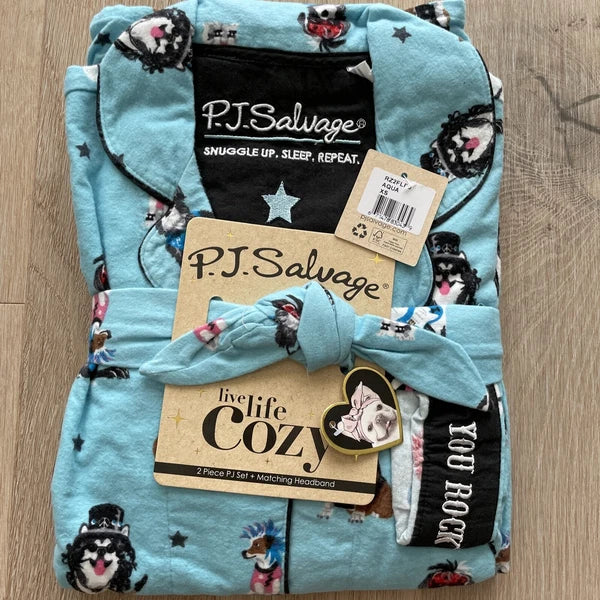 PJ Salvage Flannel Pajamas Set With Headband Aqua Size XS