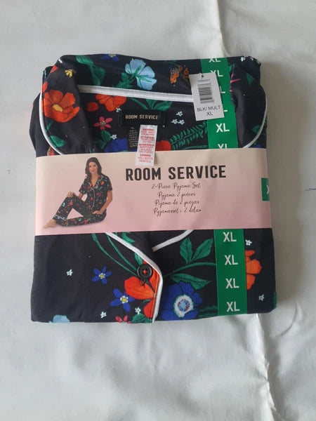 Room Service 2 Piece Pyjama Set Black Floral Size XL