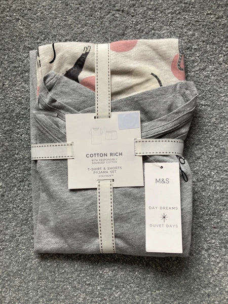 BNWT M&S Ladies Grey Mix T-shirt & Shorts Pyjamas Set Ribbon Bound Size XL