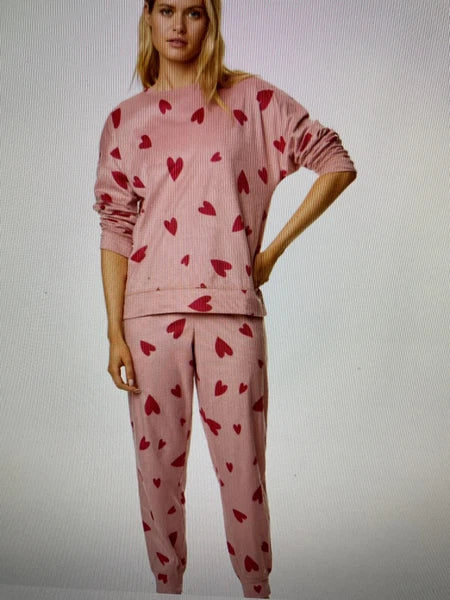 LADIES FLEECE HEART PRINT PYJAMAS SET PINK MIX COLOUR LARGE SIZE