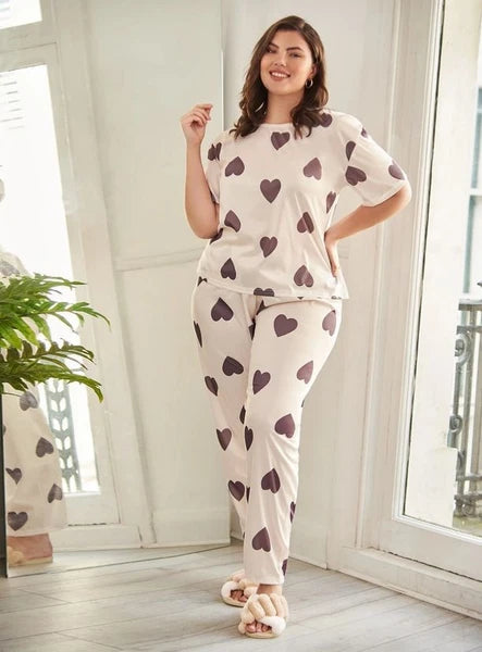 PYJAMA PLUS SIZE 20 22 24 26 APRICOT HEART PRINT STRETCH LOUNGEWEAR COMFORT