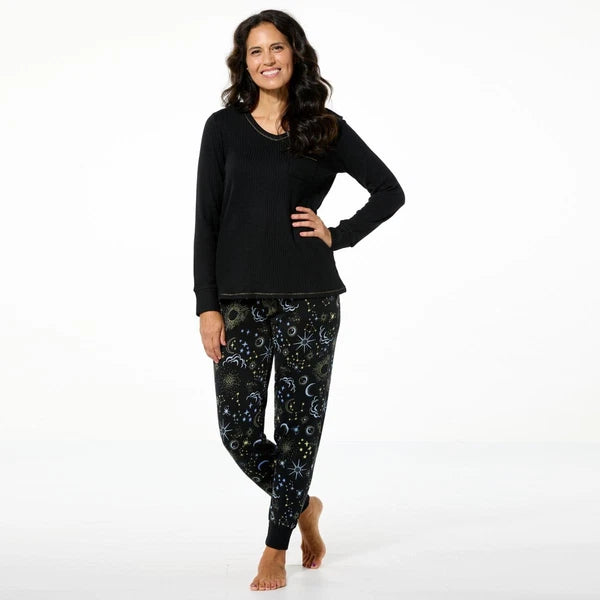 Comfort Code 2-piece Brushed Ultra Rib Knit PJ Set Black Celestial L New