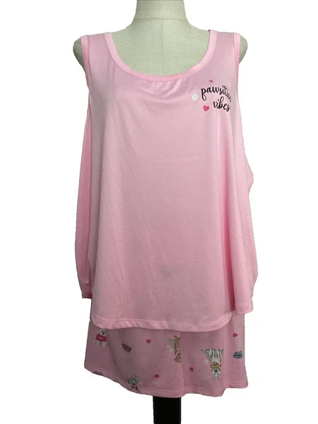 JOYSPUN  SLEEPWEAR SHORTY SET Pink Dogs Tank & Shorts Sz L*