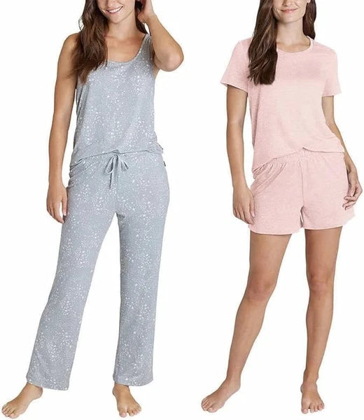 *NWT* Eddie Bauer Ladies 4-Piece Pj Set: 2 Tops/Pants/Shorts (Pink/Gray Stars,L)