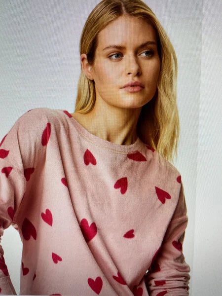 LADIES FLEECE HEART PRINT PYJAMAS SET PINK MIX COLOUR LARGE SIZE