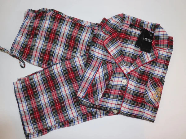 RALPH LAUREN Size M Women's Pajama Ivory Plaid BRUSHED TWILL Pant Set NEW