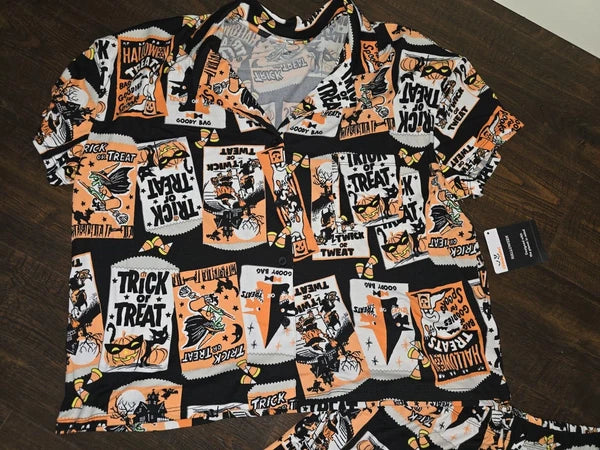 Way To Celebrate Witch Women's HALLOWEEN Shorty Pajamas Set Retro Cat Sz S M