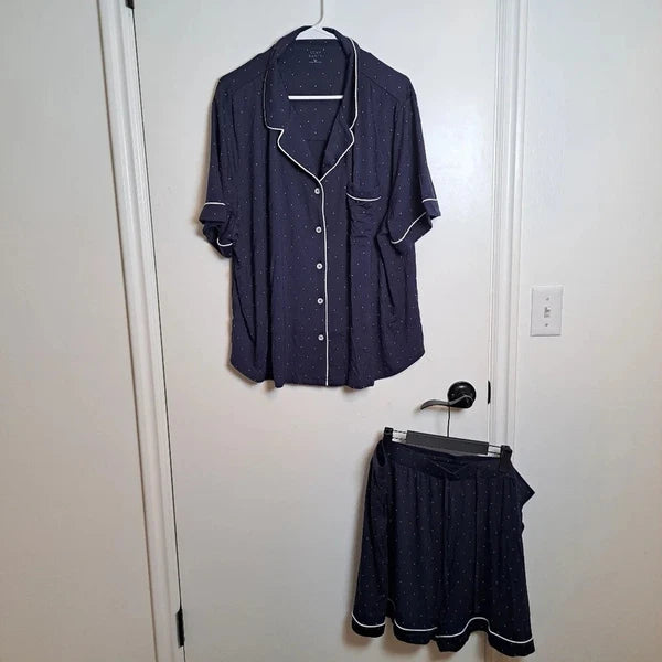 Cozy Earth Blue White Polka Dot Short Sleeve Bamboo Pajama Set Size 2XL-3XL
