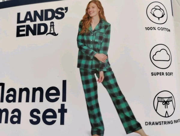 Lands End Women’s Large 2-piece Blue Green Cotton Flannel Pajama Set NWT
