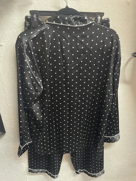 Pajama Set LONXU Silk Satin Button Front Long Sleeve Blk White Polka Dot XXL