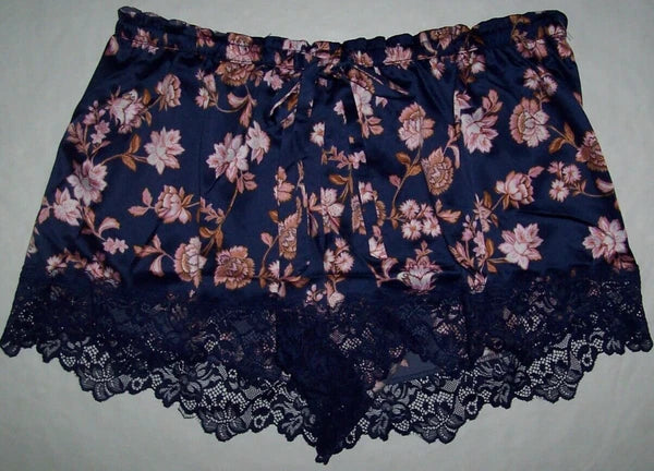 NWT In Bloom by Jonquil NAVY/TAUPE/PINK FLORAL SATIN Pajama Shorts Set XL Lace