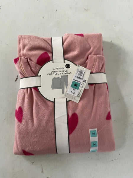 LADIES FLEECE HEART PRINT PYJAMAS SET PINK MIX COLOUR LARGE SIZE